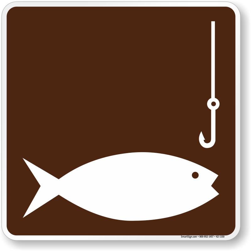 Hungry? Go fishing in areas where this sign is posted. A sign gives  directions. - campsite sign fishing symbol K2-1150