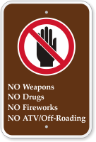 No Weapons, Drugs, Fireworks, ATV Campground Sign