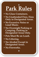 Park Rules No Glass Containers, Unattended Fires Sign