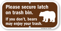 Please Secure Latch On Trash Bin Funny Bear Caution Sign