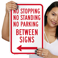 No Stopping or Parking Between Sign, Left Arrow