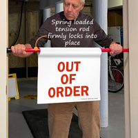 Door barricade sign indicating out of order
